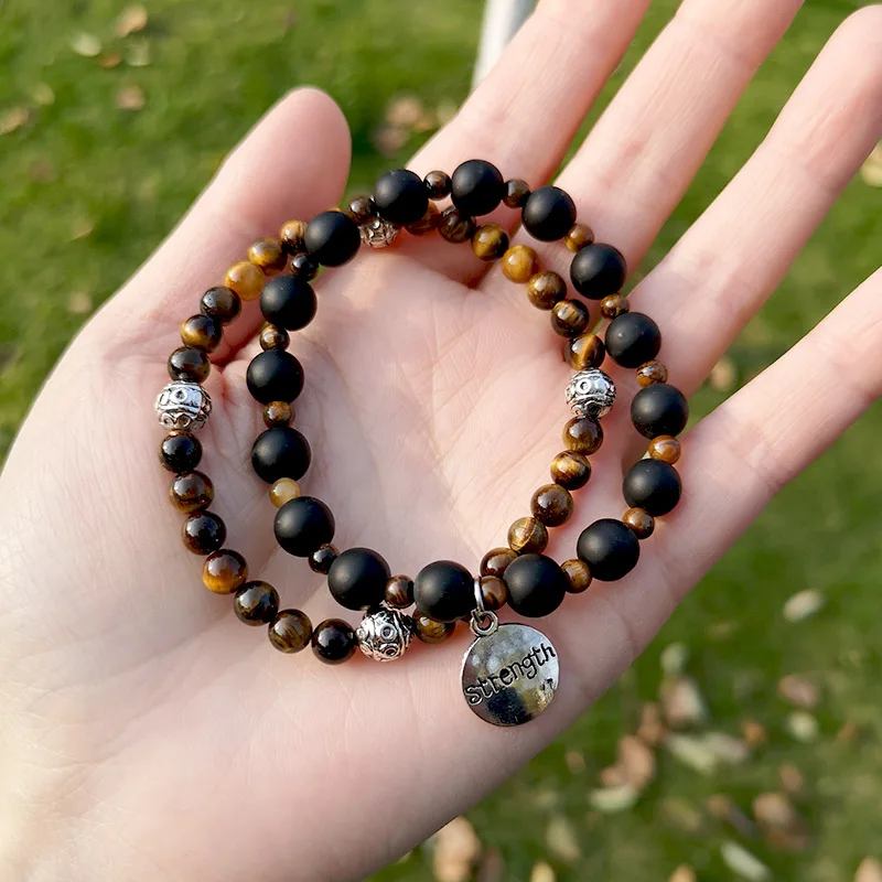 

2 pcs/set Tiger Eye Stone Bracelet Men Natural Stone Black Onyx Round Beaded Jewelries with Charm Handmade Jewelry Pulseras