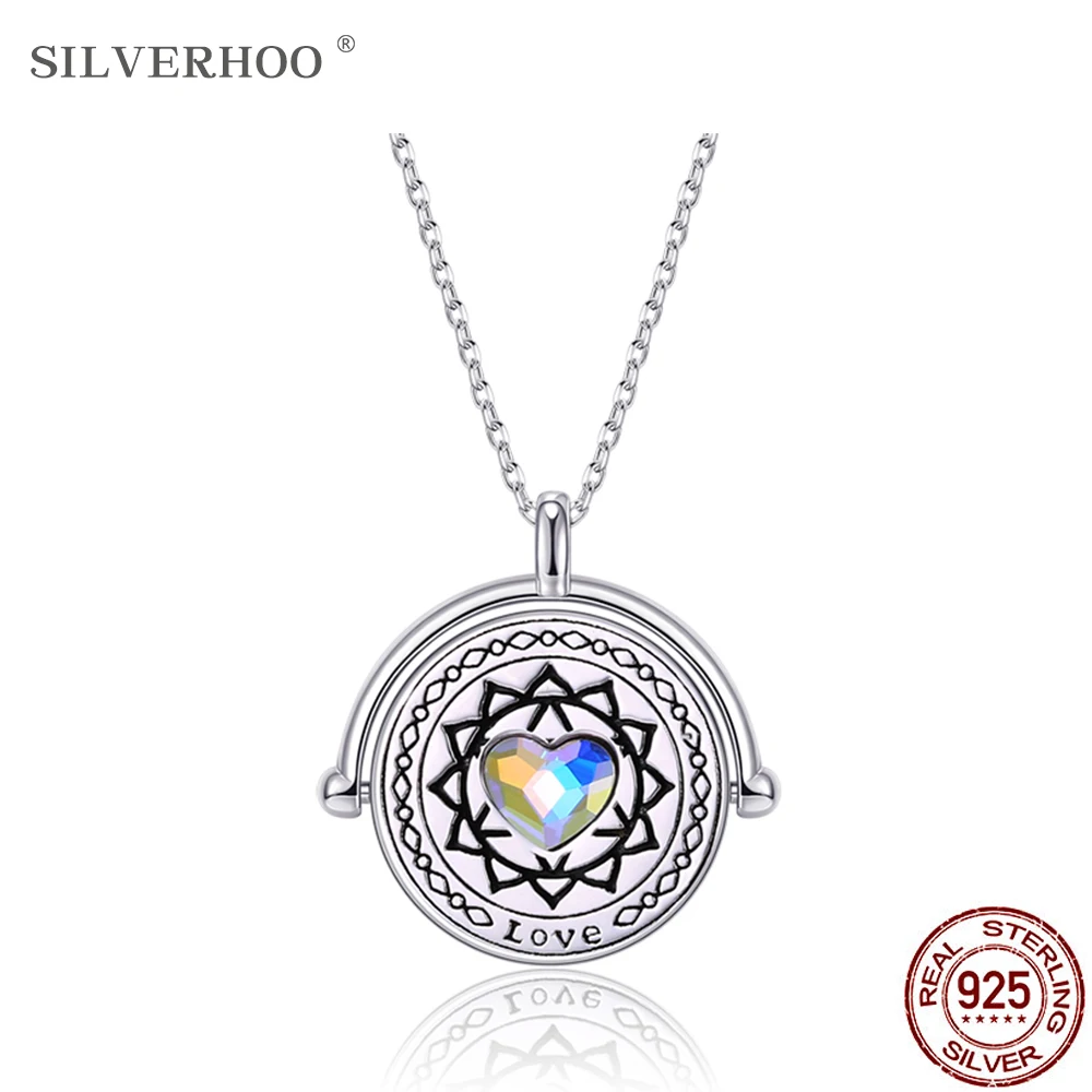 

SILVERHOO 925 Sterling Silver Pendant Necklaces For lover Austria Crystal The Chakras Round Necklace Party Fine Jewelry 2020 New