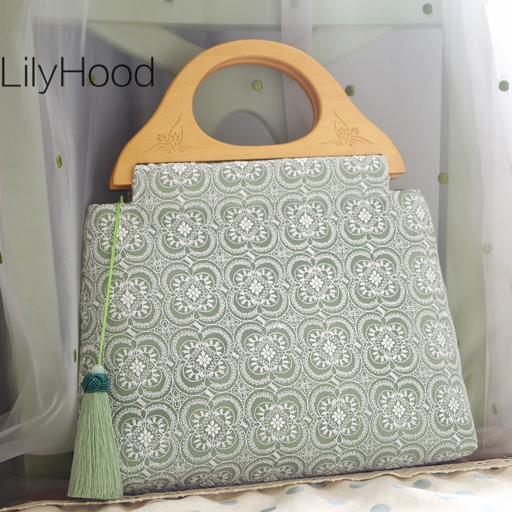 Милая винтажная кружевная сумка с деревянной ручкой Женская потертая летняя