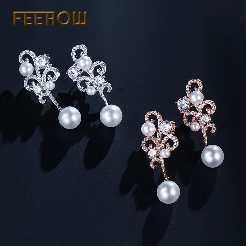 FEEHOW Великолепные блестящие висячие серьги с искусственным жемчугом и цветком