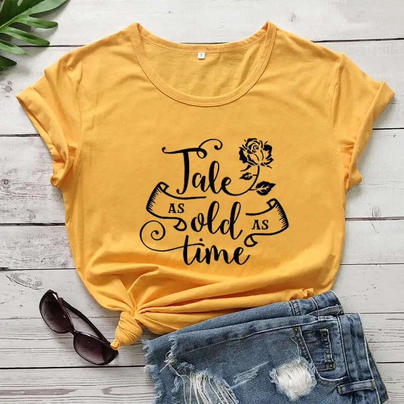 yellow-black text Tale as old as time/Новое поступление, женская летняя забавная Повседневная футболка из хлопка, семейная рубашка для женщин - Цвет: yellow-black text