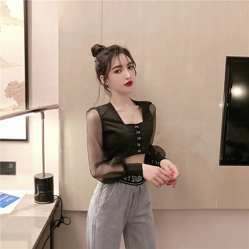 2019 осенний Новый женский костюм из органзы сетчатый лоскутный сексуальный