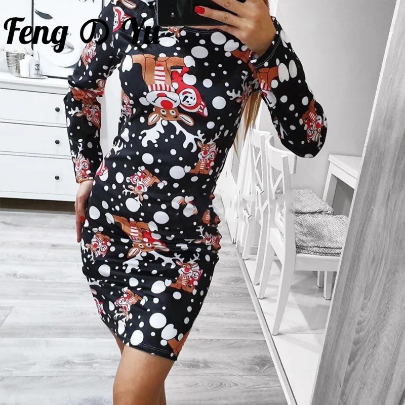 

AutumnWinter Ladies Christmas Snowflake Fawn Print Sweater Jacquard Slim Long Sleeve O-Neck Dress Autumn/Winter Street Dress 2XL