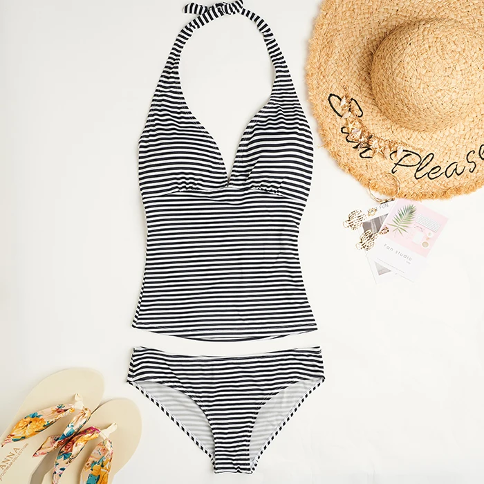 

High Waist Swimsuit Bikini 2022 Push-up Swimwear Female Sensual Swimsuit Women's Vest Bikini Set Black Striped Swimsuit Set