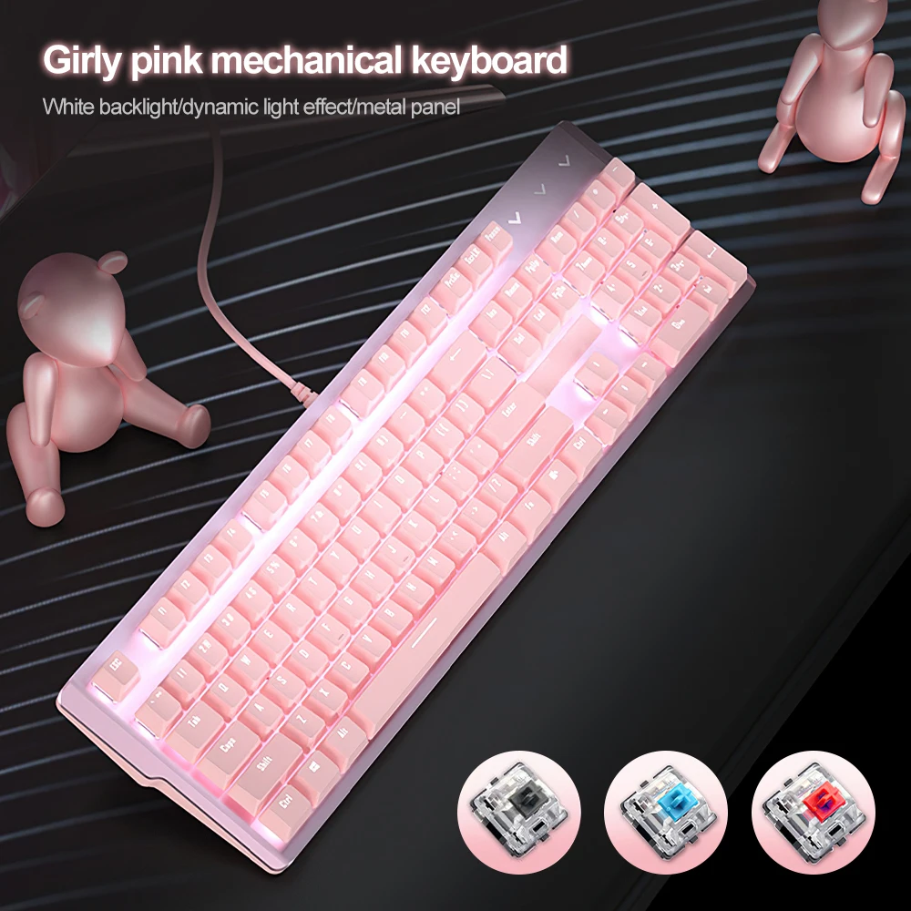 Милая розовая игровая механическая клавиатура, Проводная компьютерная клавиатура, клавиатура с USB-интерфейсом и белой подсветкой, подходит... клавиатура