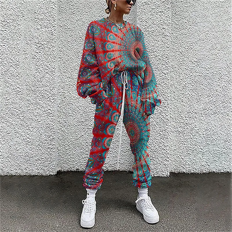 

Women's Streetwear Cinched Paisley Tie Dye Going out Casual / Daily Two Piece Set Crew Neck Pant Loungewear Jogger Pants Sweatsh