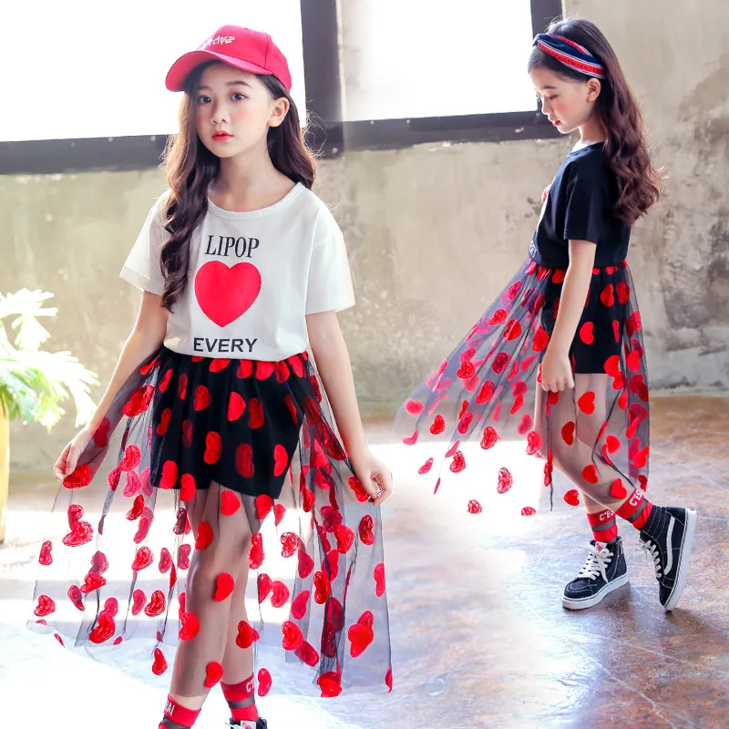 

Kids Clothing Outfits New Summer Girls Letter Cotton T-Shirts + Mesh Skirt Two-piece Suit Children Girl Clothes Sets