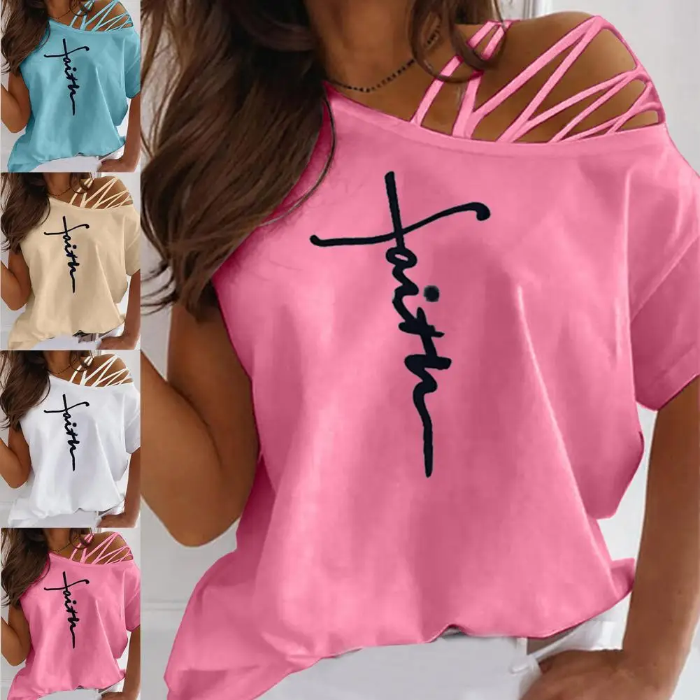 

Casual Women Letter Print One Off Shoulder Strappy Slant Collar Blouse T-shirt Streetwear for Daily Life T-shirt