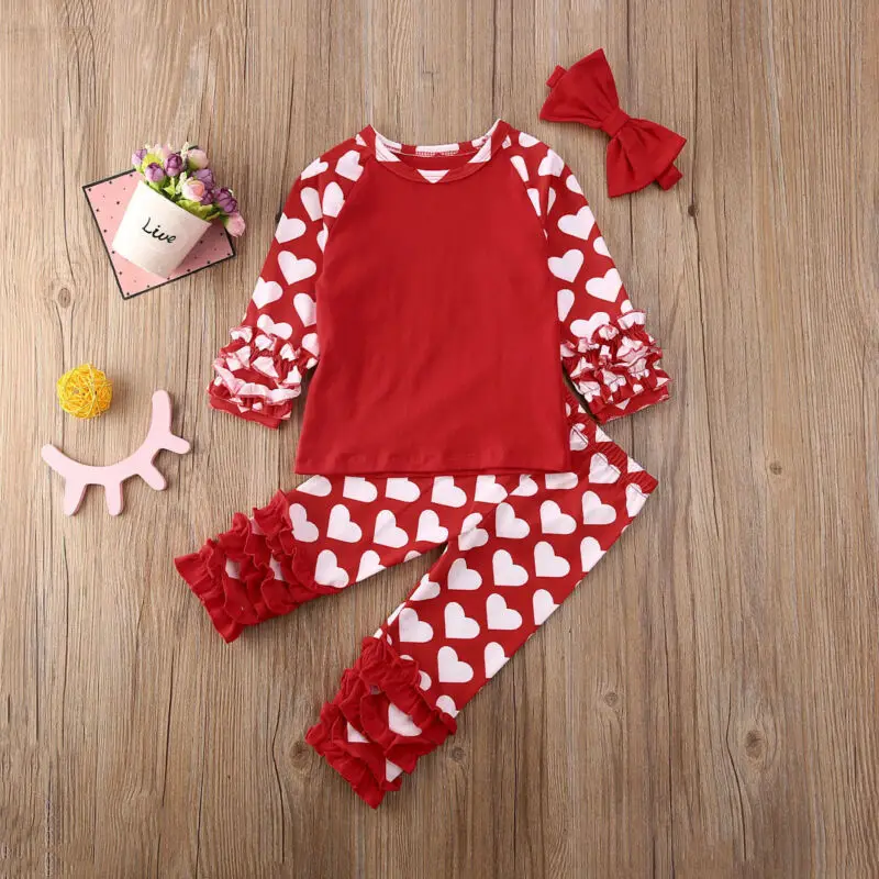 0-24M Valentine's Day Baby Girl Outfits Newborn Infant Red Heart Long Sleeve T shirt Ruffle Pants Costumes | Мать и ребенок