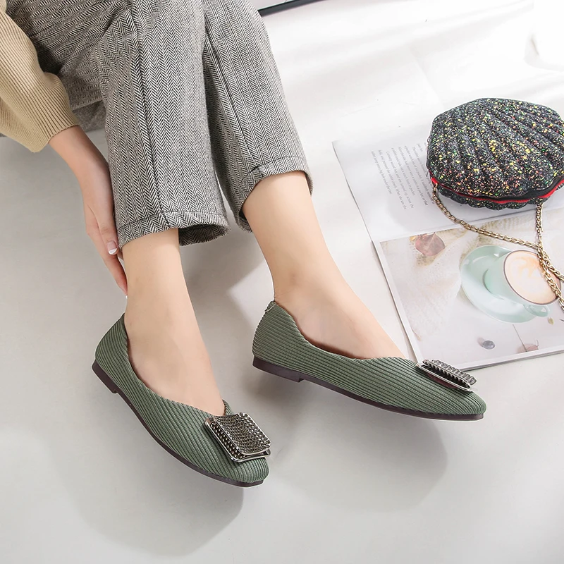 

CEYANEAOWomen Casual Loafers Slip On Flats Boat Shoes Fashion Square Toe Office Ladies Cloth Shoes Rhinestone Peas Flats Zapatos