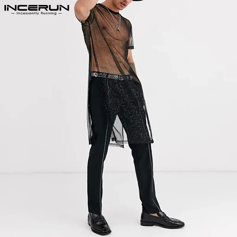 

Summer Man Loose Nightclub Blouse INCERUN 2022 Fashion Men Mesh T-Shirts Short Sleeve Round Neck See Through Tee Tops Plus Size