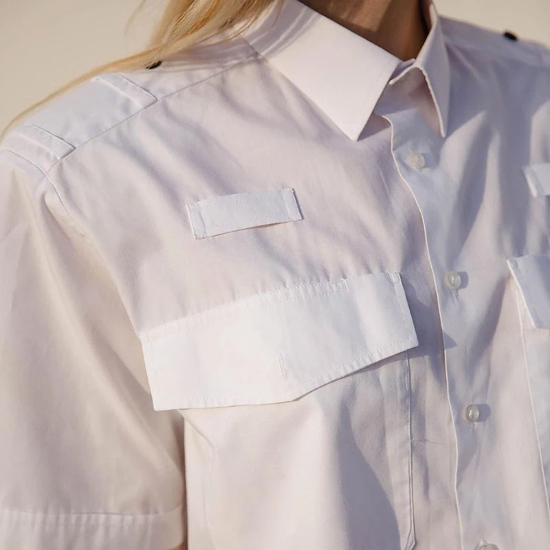 

ONEINALL White Casual Women's Button Through Blouse Lapel Short Sleeve Dual Pocket Loose Crop Top For Female 2021 Summer Stylish