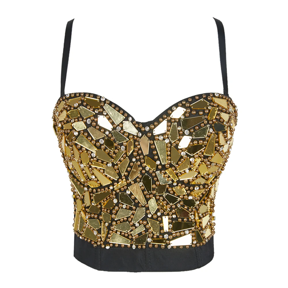 Sexy Rave Outfit Corset Top Women Silver Golden Sequin Corset with Rhinestones Glitter Crop Top Strass for Beach Club Party