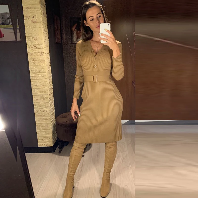 Женское трикотажное платье-свитер GIGOGOU длинное однобортное ТРАПЕЦИЕВИДНОЕ