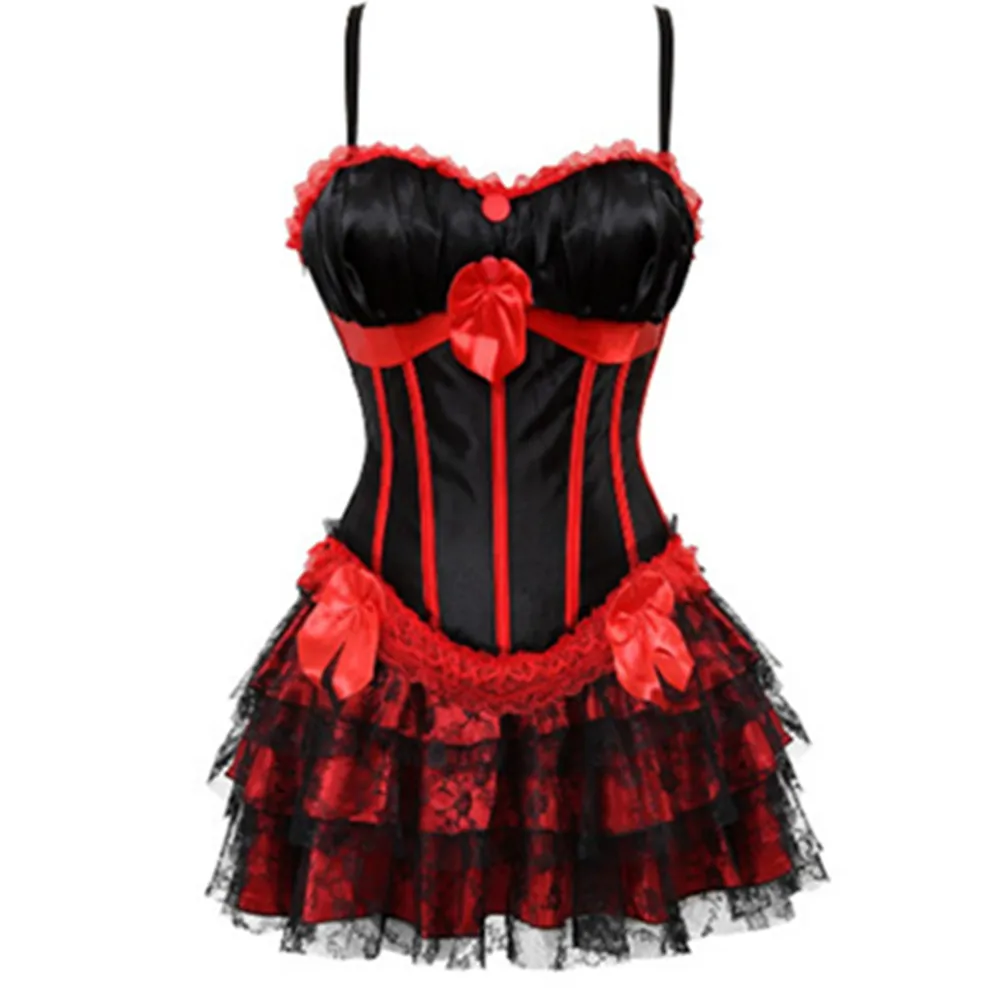 Красный атласный корсет в полоску и карнавальное платье с бантом украшенное