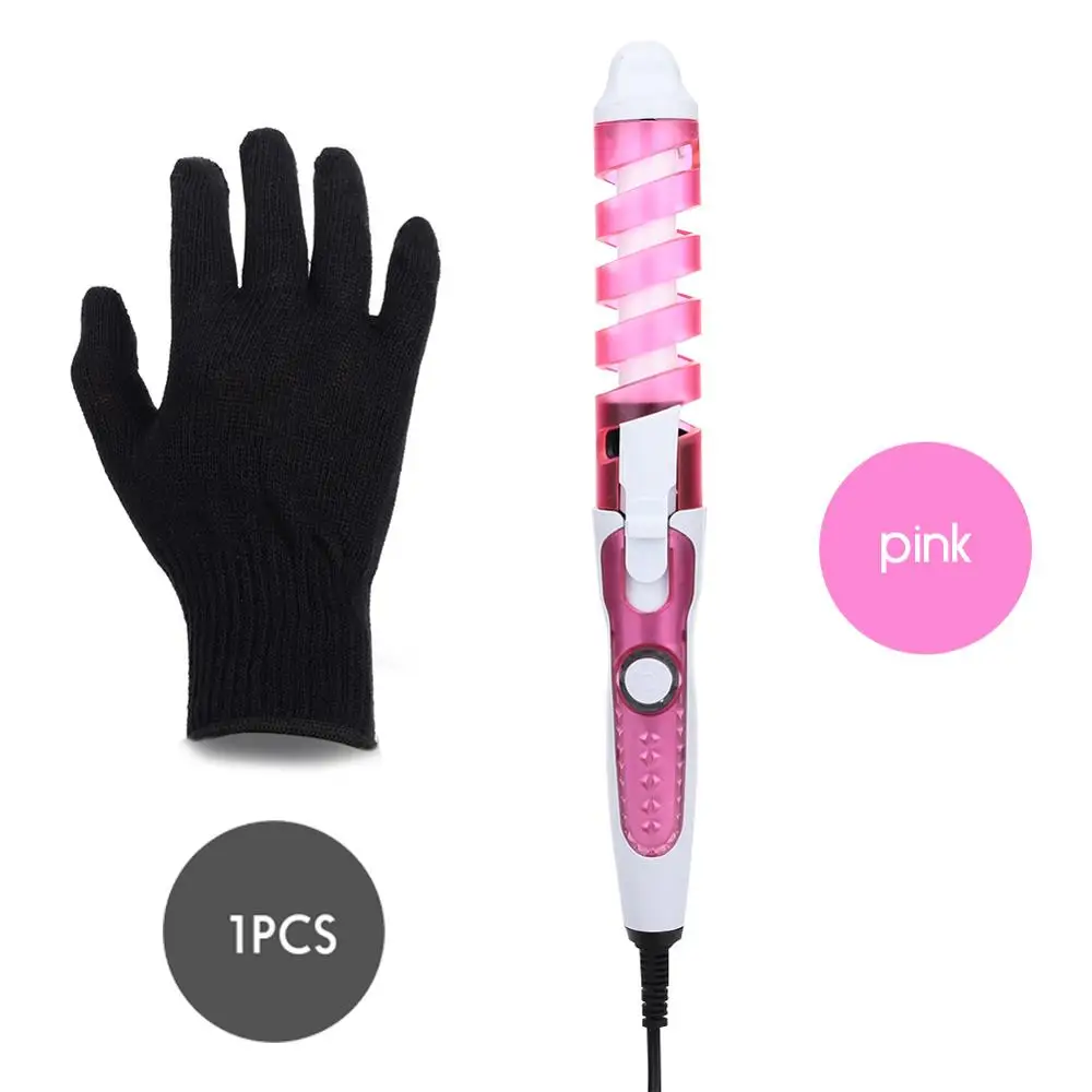 Pink With Glove Portable Hair Curler Roller Spiral Curling Iron Salon Electric Hair Curler Beauty Curling Wand Professional Hair Styler Beauty S - Цвет: Pink With Glove