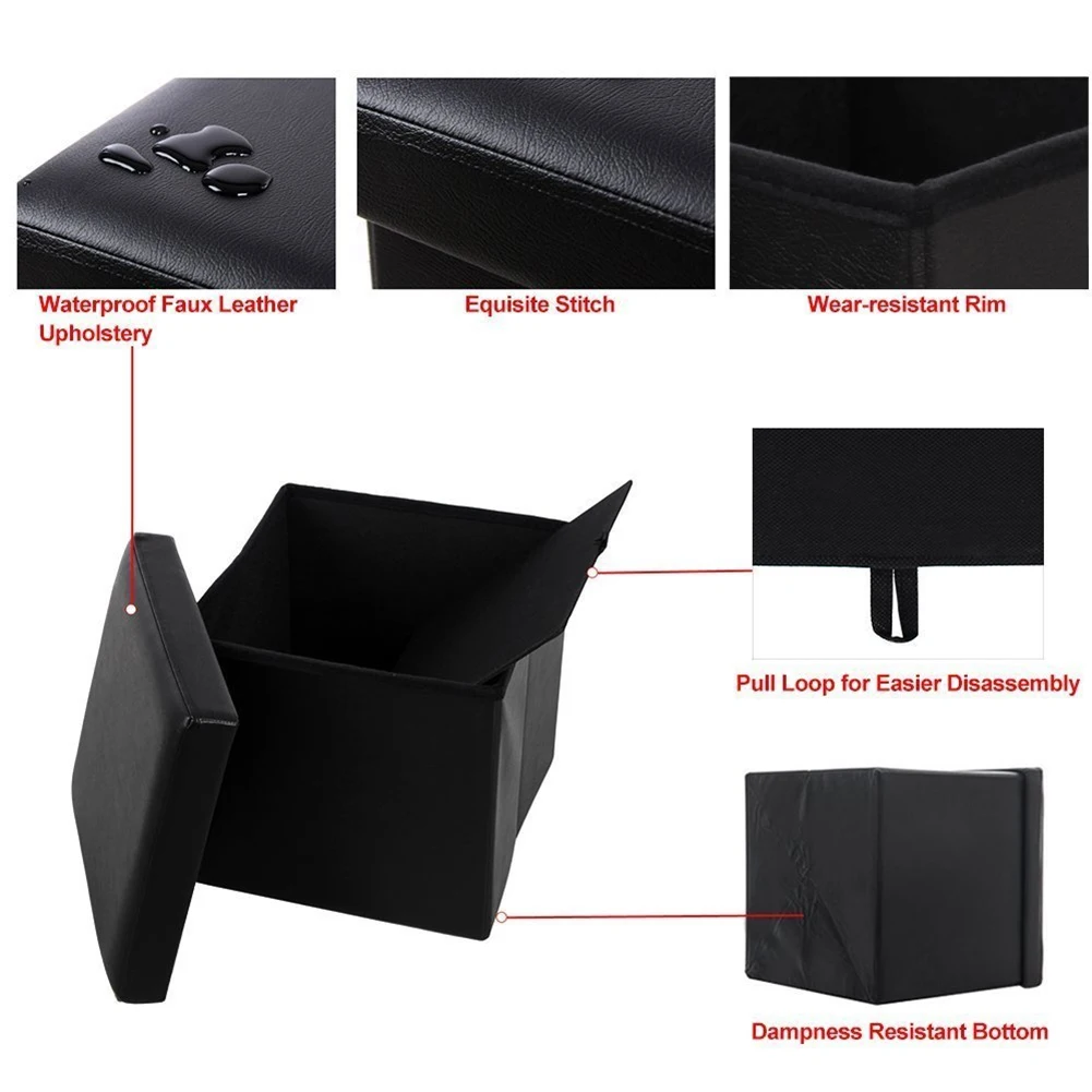 

PU Leather Footstool Square Shape Black Chair Shoe Changing Glossy Stool with Cover Home Furniture 38 x 38 x 38cm
