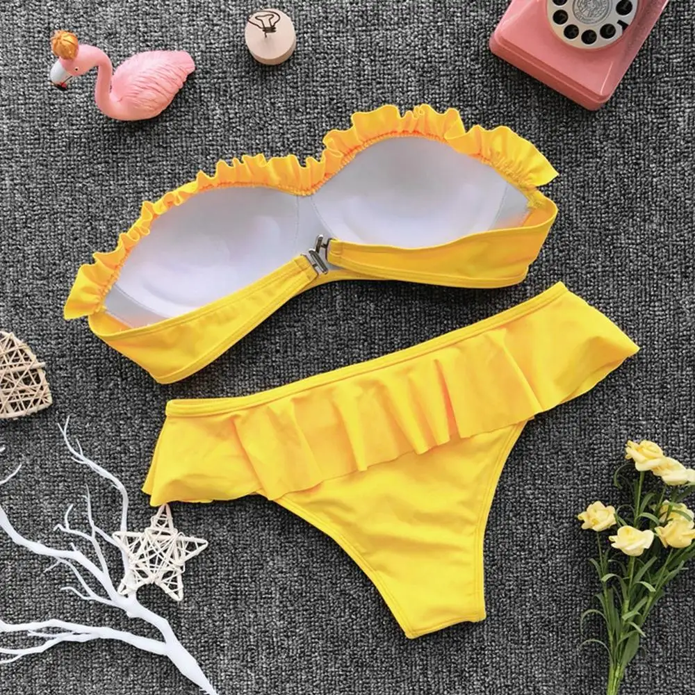 

2Pcs Swimsuit Ruffles Solid Sexy Push Up Bikini Beach Wear Swimwear Women Padded Low Waist Bathing Suit Sports Swim Bikini Sets