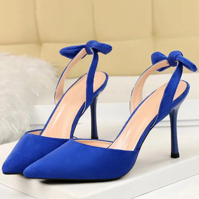 Boussac Elegant Bowtie Slingback High Heel Women Pumps Sexy Pointed Toe High Heels Ladies Shoes Suede Thin Heel Party Shoes B233