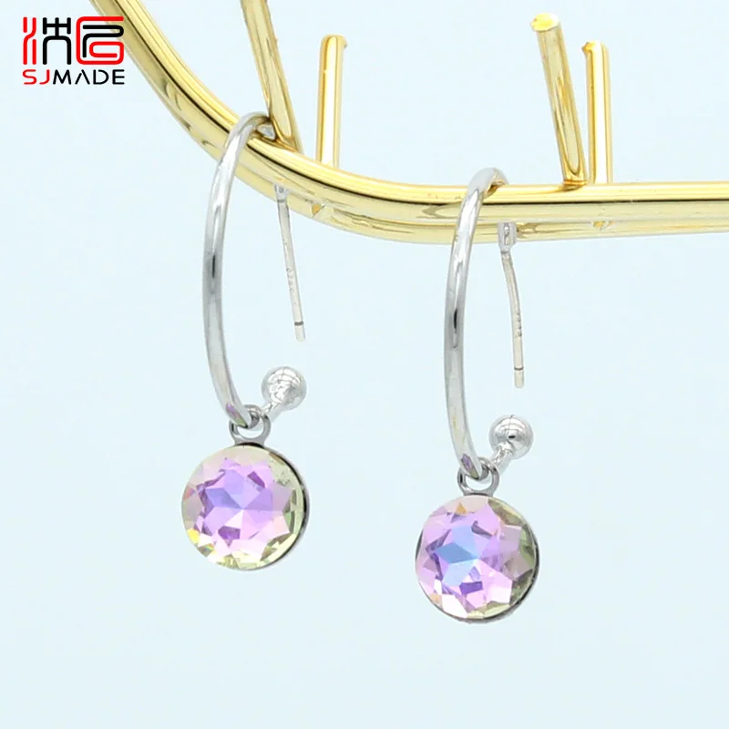 

SJMADE 2019 Fashion Korean Round Crystal Dangle Earrings Champagne Gold Color White Gold Earring For Women Wedding Party Jewelry