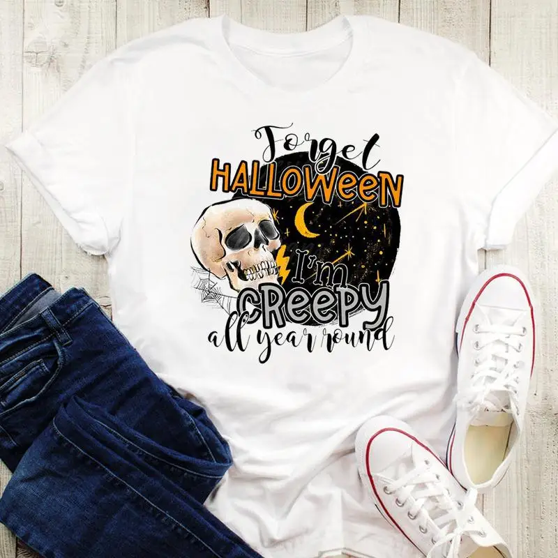 

Women Happy Halloween Letters New Style Trend Thanksgiving Graphic Print Female T-Shirt Cartoon Tops Tshirt Fall Autumn Tees