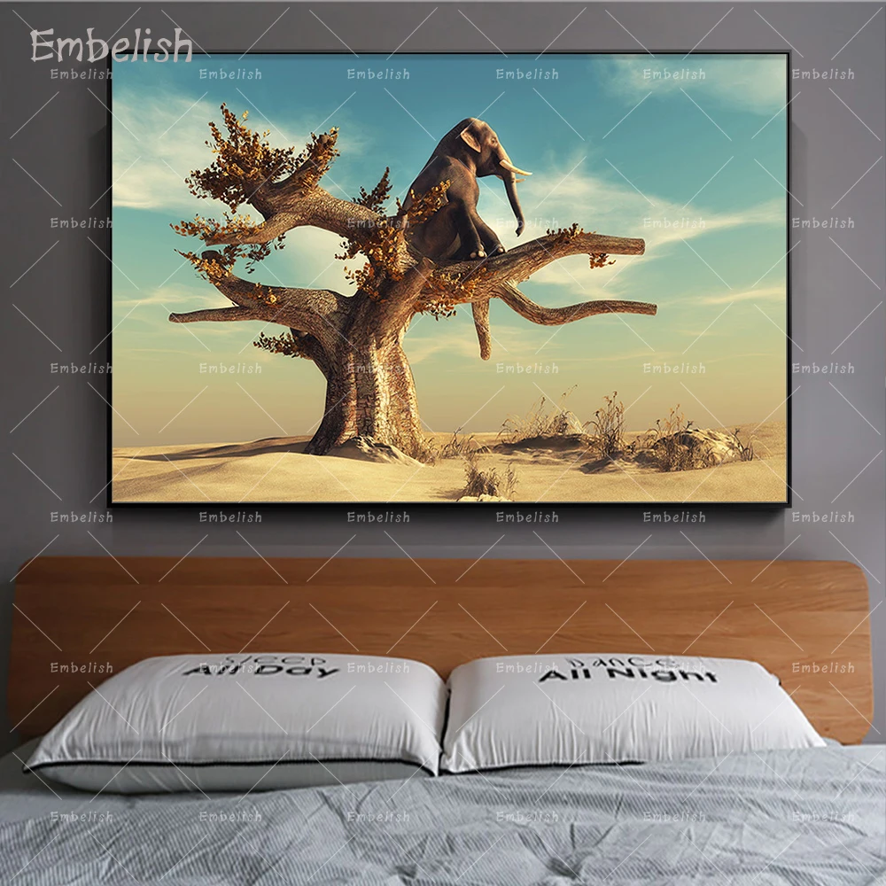 

Embelish 1 Pieces Surreal Landscape Wall Pictures For Living Room Elephant In A Dry Tree HD Canvas Painting Home Decor Posters