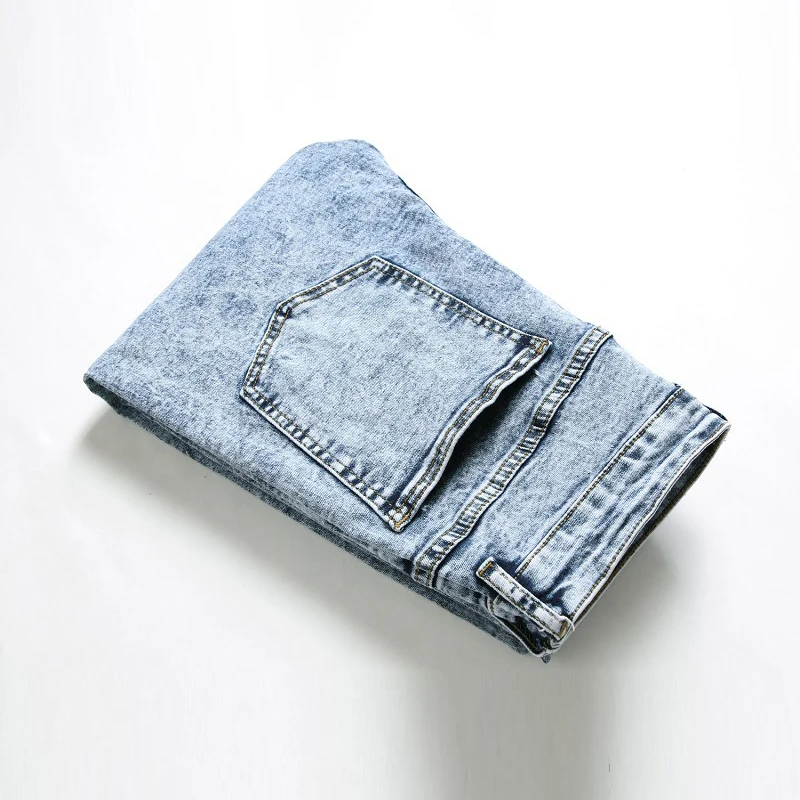 

European And American Foreign Trade Men's Jeans Palm Printing Stretch Light Blue Jeans Trend Men's Pants