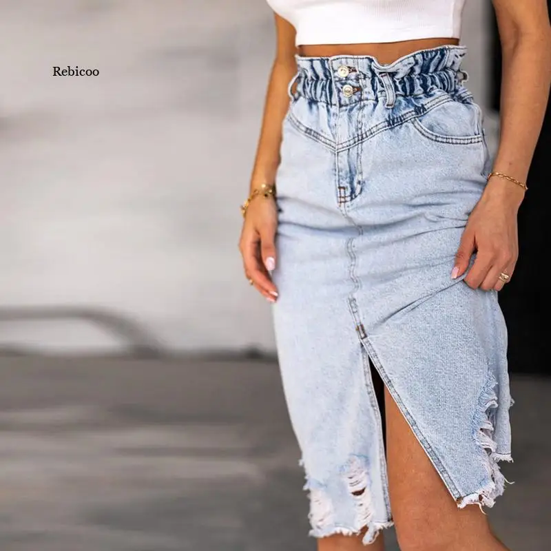 

Women Denim High Waist Midi Skirt Summer Fashion A-Line Solid Blue Pencil Skirte Casual Style Lady Bodycon Split Faldas