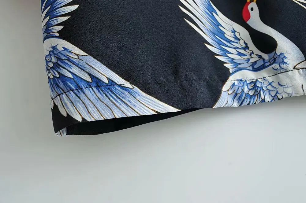 

B8550-European and American Style Women's Clothing Summer New Suit Collar Crane Print Short Sleeve Shirt for Women