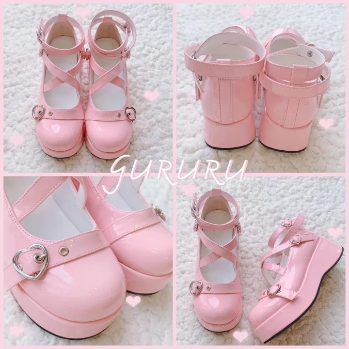 

Gothic anime cosplay lolita shoes vintage round head platform gothic shoes cross bandage PU kawaii shoes loli cos new