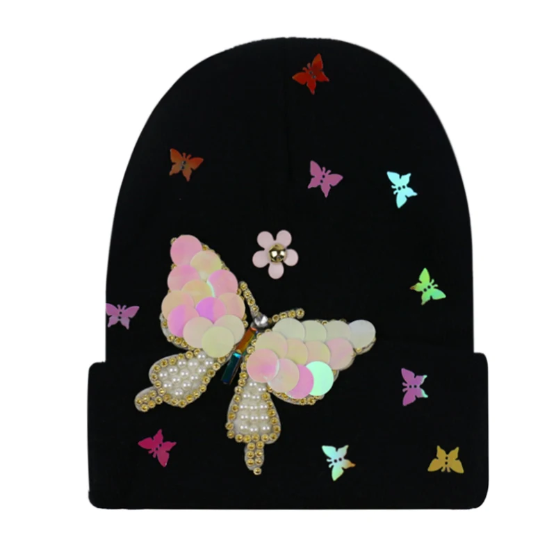 Модная блестящая белая серая шапочка с бабочкой блестками gorros Mujer invierno Skullies