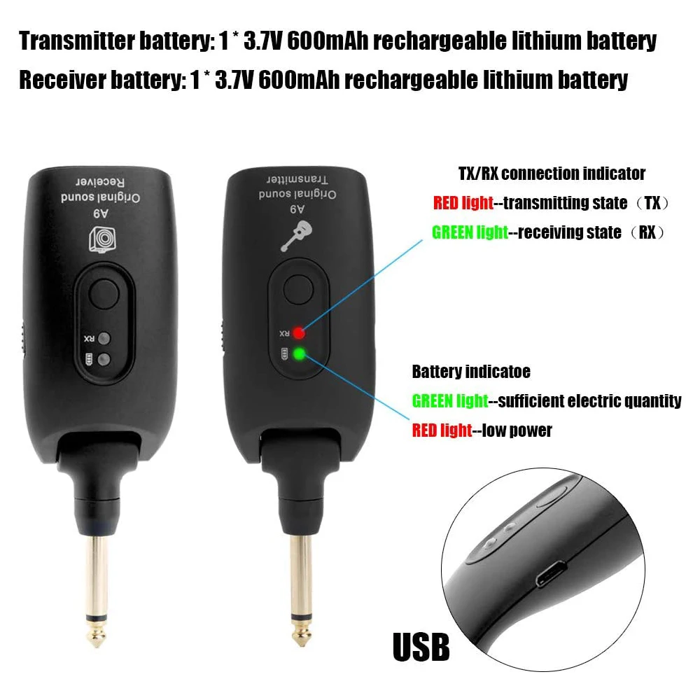 a9 uhf wireless elektrische gitarre sender empfänger system 24 ghz wiederaufladbare 4 kanäle für elektrische gitarre bass orgel free g