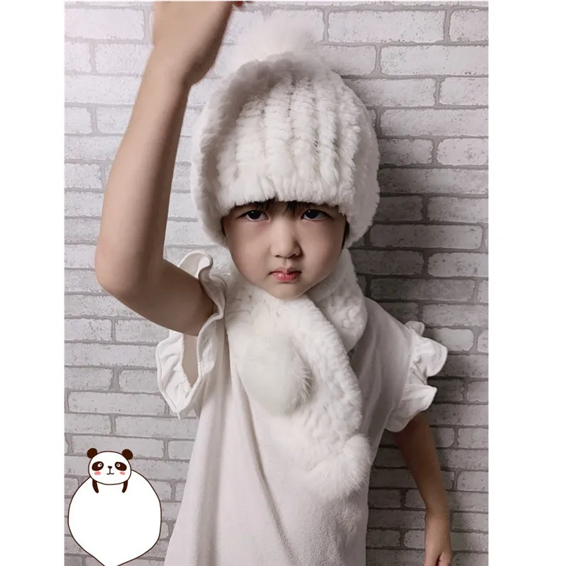 Мягкие теплые вязаные шапки Дети Девочки Мальчик, шапка, шарф, детская зимняя шапка, комплект с шарфом H4, настоящий мех кролика от AliExpress RU&CIS NEW