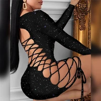 black long sleeve sexy lady lace up bandage bodycon slim hollow out dresses glitter sequins party night club autumn mini dress