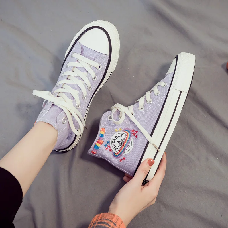 Фиолетовый парусиновые кроссовки с высоким берцем Радуга Цвета вышивкой в виде