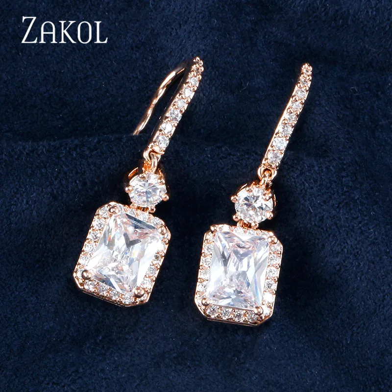 ZAKOL, модные цирконы, высокое качество, кубический циркон, Висячие Крючки, серьги, большой квадратный камень, ювелирные изделия для свадебного подарка, аксессуары FSEP2047