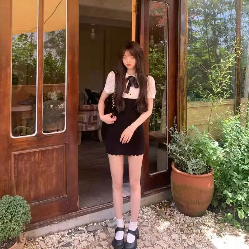 Черное мини-платье с бантом женское в стиле Харадзюку 2000s сексуальное винтажное