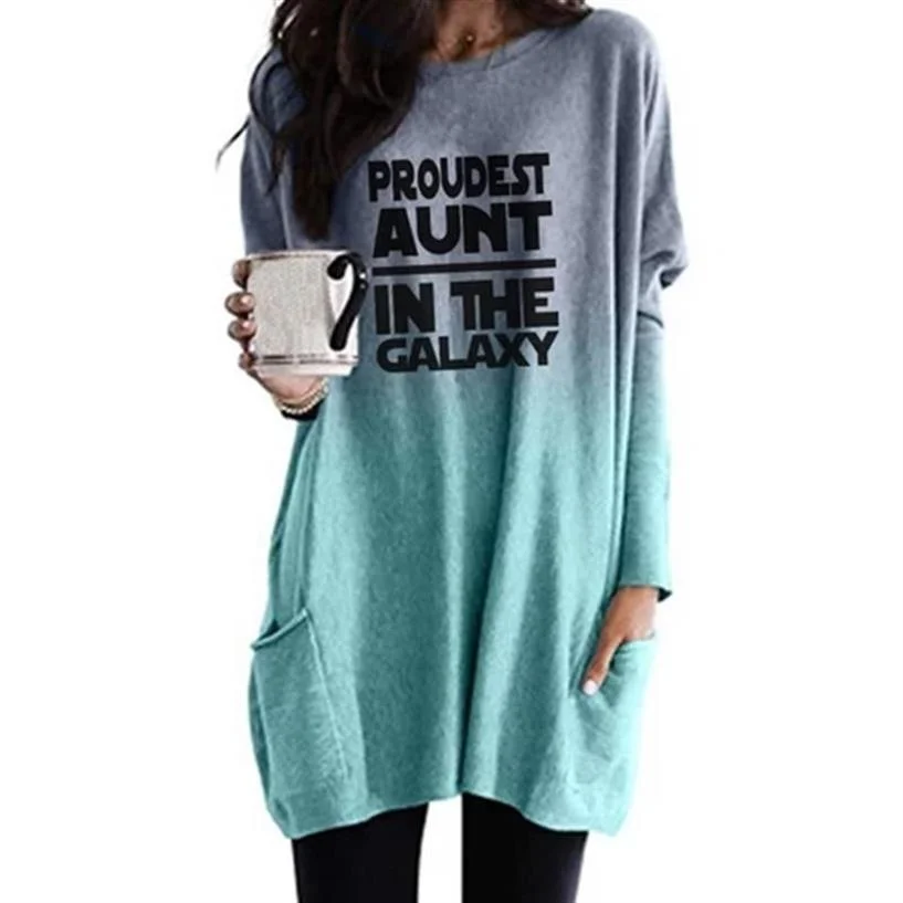 

Fashion New Arrival Long Sleeve T-Shirt Dress For Women Proudest Aunt In The Galaxy Letters Print Plus Size With Pockets T-Shirt