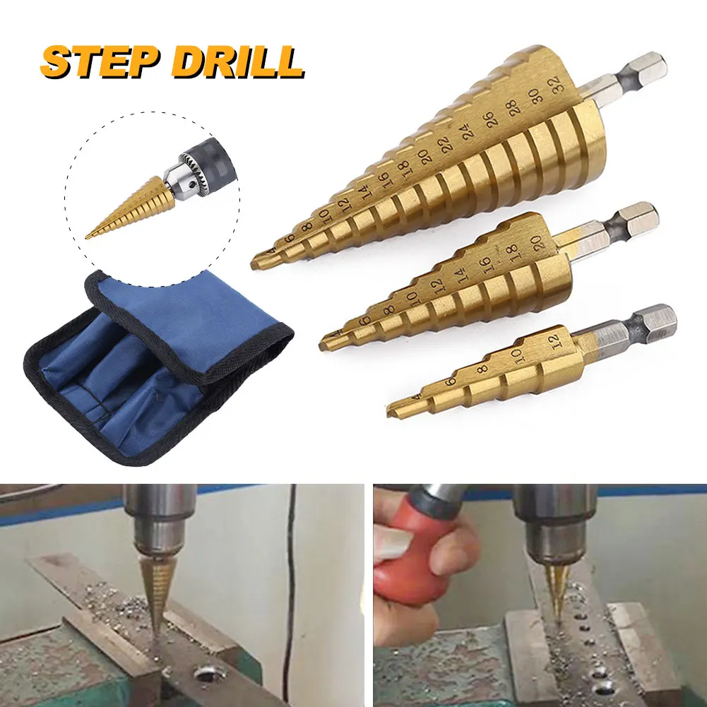 

Step Drill Bit Set 4-12/20/32mm High Speed Steel Pagoda Bit Straight Groove Hexagonal Shank Titanium Plated Step Drill Piercing