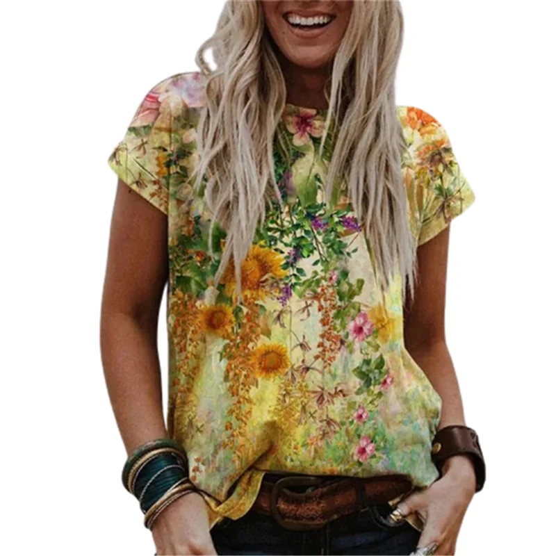 

2021 New Women Boho 3D Floral Print T Shirt Summer Short Sleeve O-Neck Loose Casual Tops Streetwear Female Plus Size Tops