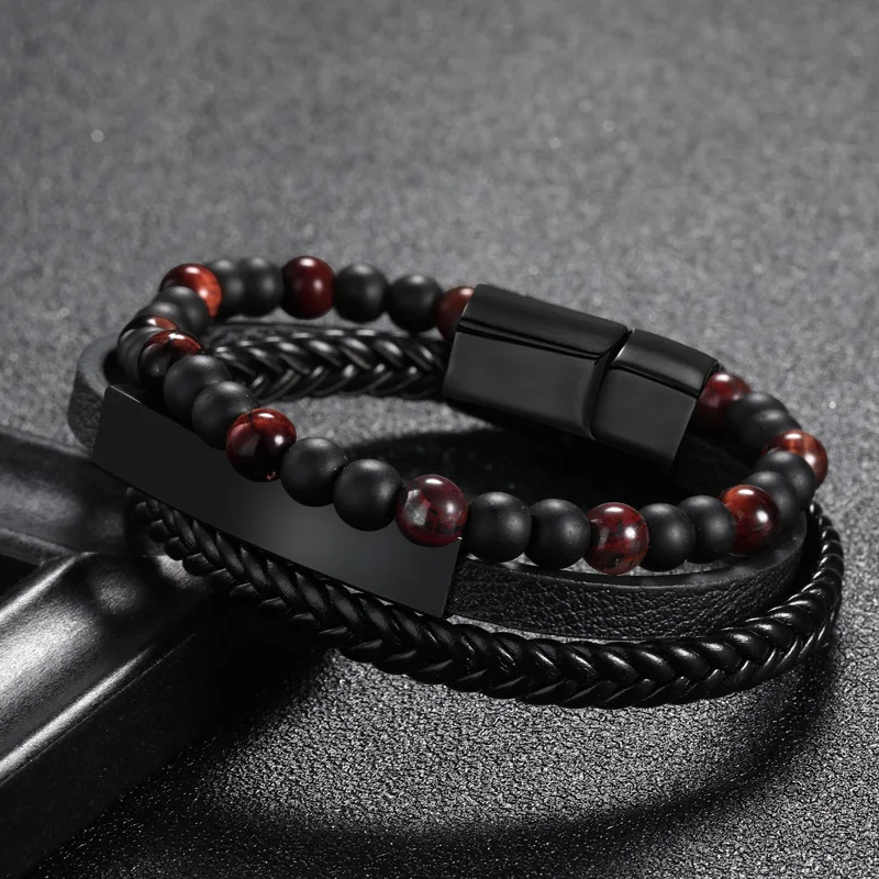 

Hot Selling 6mm Tiger Eye Stone Bead Bracelet Leather Cord Braided Bracelet Leather Multi-Layer Men's Cowhide Black Bracelet