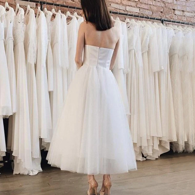 

Short Wedding Dress 2021 Plus Size vestidos de noiva A Line Tulle Beach Strapless Simple Wedding Gown for Women
