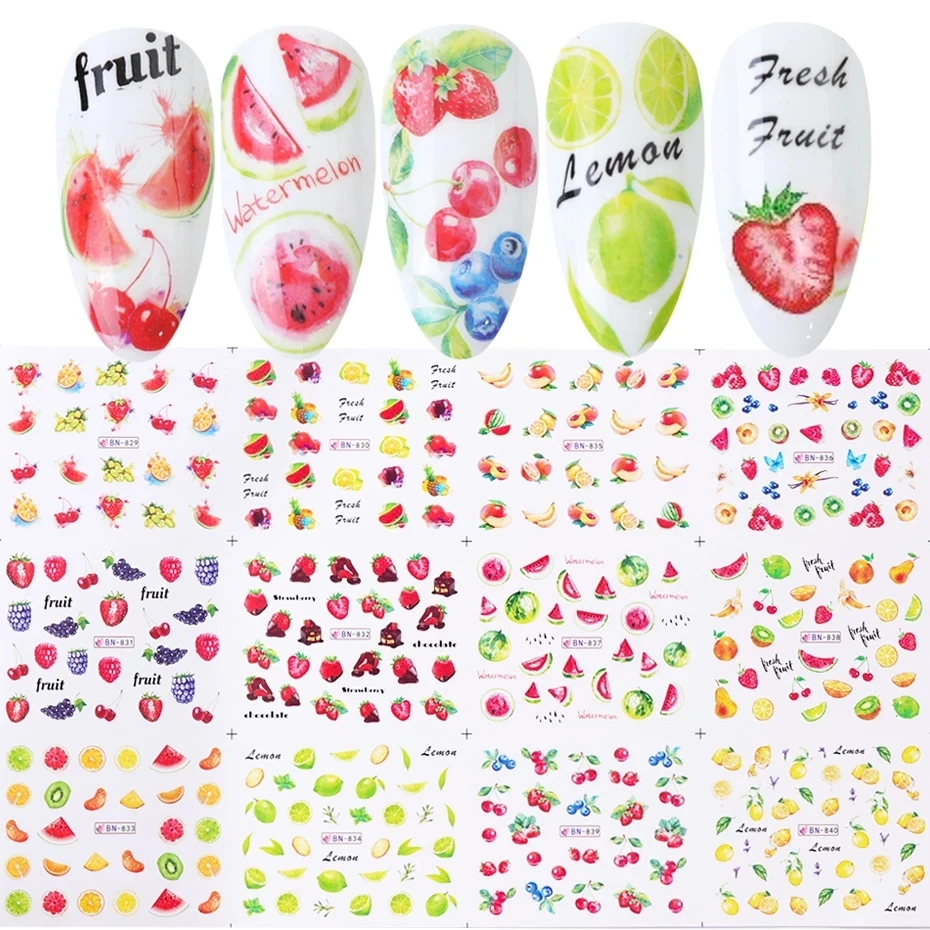 

12pcs Fruit Nail Art Stickers Decals Lemon Strawberry Watermelon Water Transfer Slider Nail Design Foils Decoraton FT327