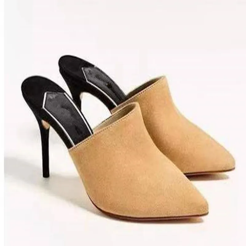 

High-Heeled Shoes Lady Cover Toe Woman's Slippers Flock Black Sandals Slides Shallow 2021 Soft Summer Pointed Beige Thin Solid C