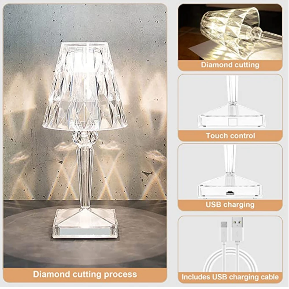 

USB Night Light Diamond Table Lamp Touch Sensor Acrylic Decoration Desk Lamps Bedroom Bar Crystal Lighting Gift LED Light