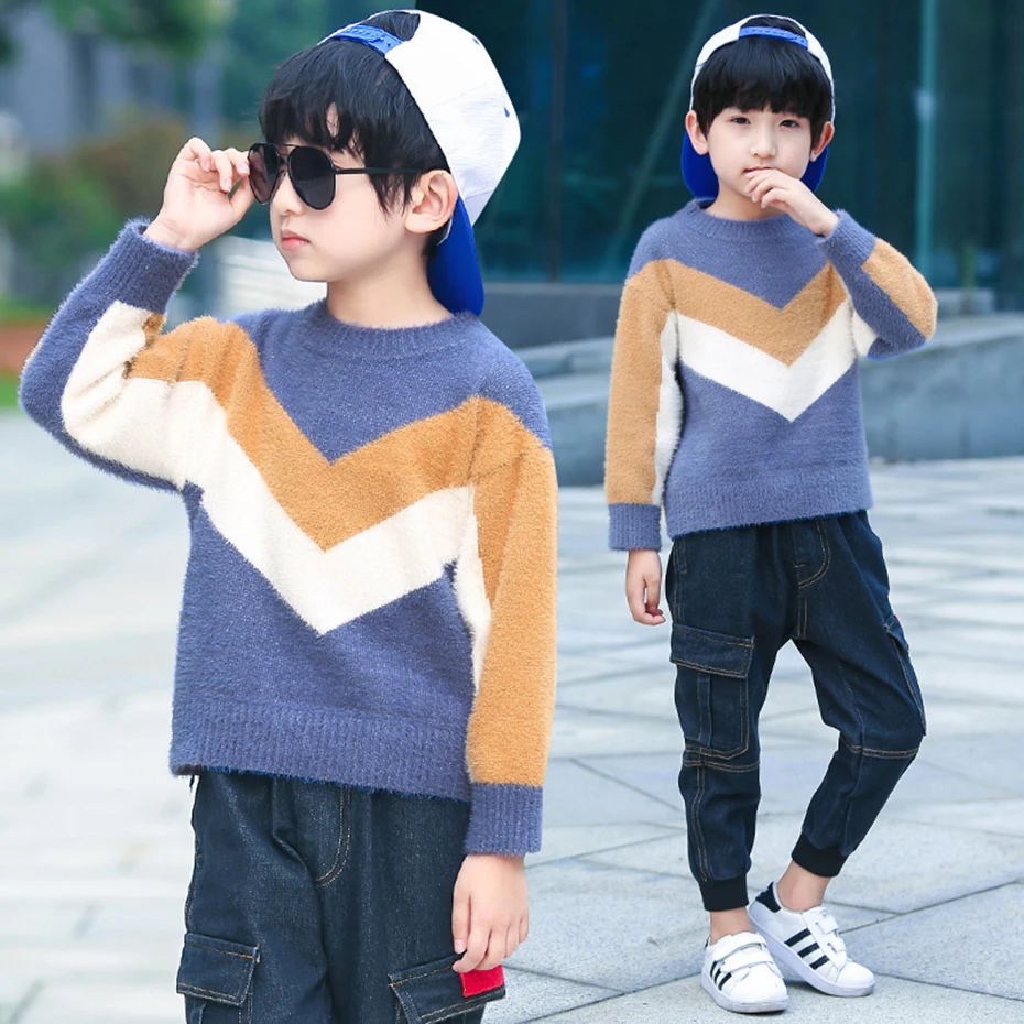 Свитер для мальчиков свитер в полоску стиле пэчворк детский пуловер с круглым