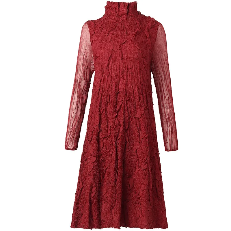 

Red Underlay Dress Autumn Winter 2020 New Women's Loose Big Size Long Sleeve Pleated Dress