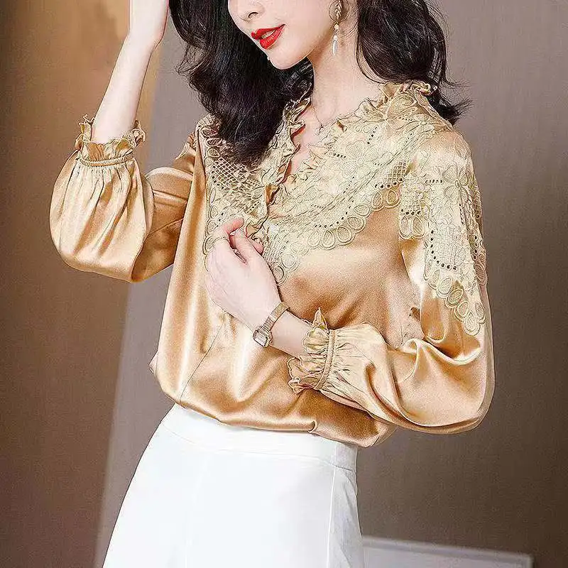 

Stretch satin imitation silk shirt women 2021 spring new design sense niche embroidered silk blouse women
