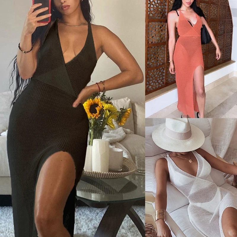 

Women Summer Sleeveless Swimsuit Bikini Cover Up Crochet Knit Sheer Mesh Beach Dress Sexy Backless Split Maxi Swimwear