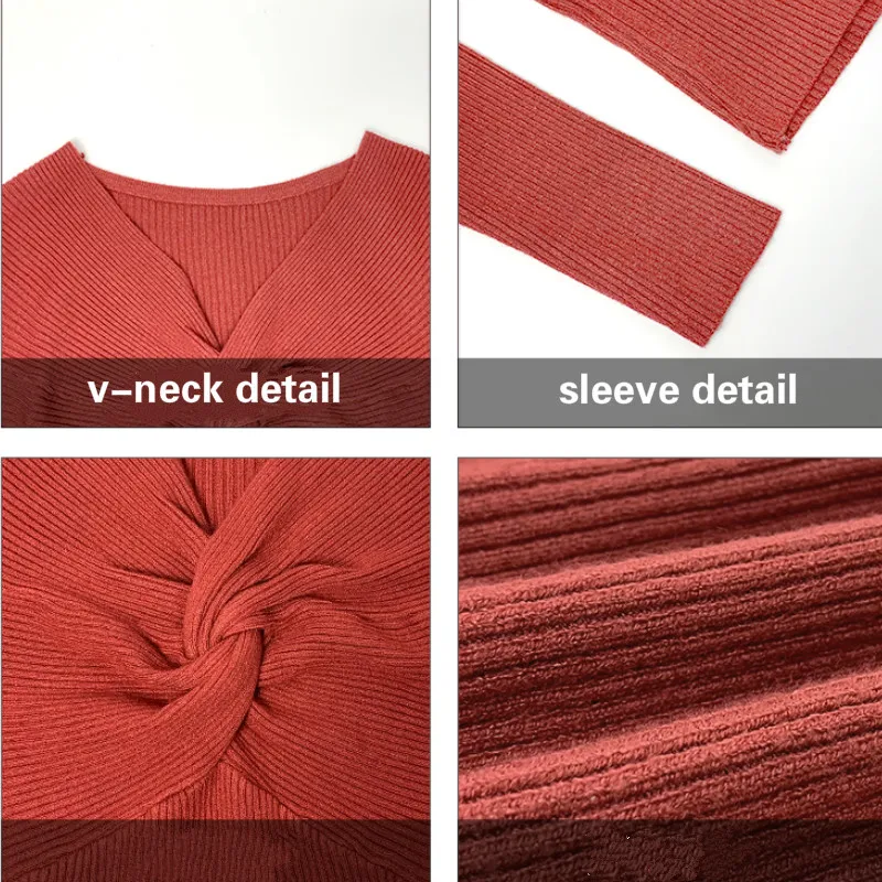 

Pullover V-neck Solid Basic Knitted Slim Long Sleeve Bodycon Sweater Criss-cross Sexy Elasticity Bottoming Jumper All-match New